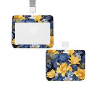 Blue Base Yellow Floral Id Badge Holder with Lanyard Waterproof Key Card Holder Case Id Card Protector with Clear Id Window Name Tags for Women Men Work Office Doctor Nurse