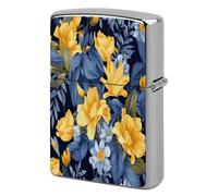 Blue Base Yellow Floral Metal Lighter Case, Funny Lighter Cover Double-Side Print Vintage Cool Lighters Sleeve Lighters Accessories for Zippo Men Dad Husband Collect