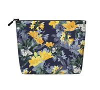 Blue Base Yellow Floral Patterned Women's Cosmetic Bag, Single Layer Toiletry Bag, Suitable for Daily Storage, Travel, and Business Trips.