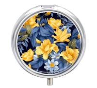 Blue Base Yellow Floral Travel Pill Box Case 3 Compartment Cute Pill Organizer Metal Pill Holder with Mirror Small Medicine Organizer Daily Pill Container for Purse Pocket Portable Meds Box