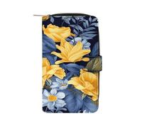 Blue Base Yellow Floral Wallet Multifunctional Leather Wallets for Men Compact Long Wallet Credit Card Holder Passport Bag