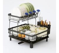 BLUE BAZAAR 2 Tier Dish Drainer Rack Black with Drip Tray for Kitchen Counter, Space-Saving Dish Rack with Drainage Spout Large Capacity Dish Drainer Rack (2 Tier)