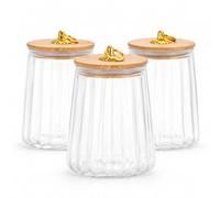 BLUE BAZAAR 3Pc Sweet Jars 630ml Clear Glass Storage Jars with Bamboo Lids | natural bamboo lids, airtight silicone seal, crystal clear glass, versatile for tea/coffee/sugar/cookies