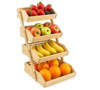 BLUE BAZAAR 4 Tier Bamboo Fruit Rack - Wooden Fruit & Vegetable Basket Stand, Countertop Produce Organizer for Fruits, Veggies, Bread & Snacks, Natural Kitchen Storage Holder (4 Tier)