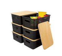 BLUE BAZAAR 6Pcs Storage Black Plastic Bins with Bamboo lids,Lidded Storage Bins,Stackable Storage Boxes for Kitchen, Bathroom, Office, Wardrobe