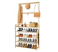 BLUE BAZAAR Coat and Shoe Rack 5 Tier Bamboo Shoe 2-in-1 Entryway Coat Rack with Hooks and Shelves Freestanding Hall Tree Tall Shoe Rack for Bedroom Dormitory Flat Living Room Bedroom (90X25X160CM)