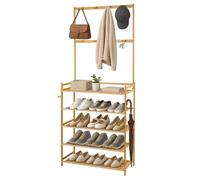 BLUE BAZAAR Coat and Shoe Rack 5 Tier Bamboo Shoe 2-in-1 Entryway Coat Rack with Hooks and Shelves Freestanding Hall Tree Tall Shoe Rack for Bedroom Dormitory Flat Living Room Bedroom (70X25X160CM)