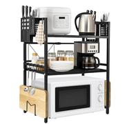 BLUE BAZAAR Microwave Shelf Expandable 3 Tier Microwave Stand with 6 Hooks,Desktop Printer Rack Air Fryer Stand Oven & Backer Rack Countertop Organiser Shelves for Kitchen (3Tier-Black)