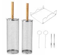 BLUE BAZAAR Rolling Grill Basket,Removable Wooden Handle, 7-Pack Grill BasketS with Handle - Non-Stick BBQ Grill Basket Set,Nesting Grilling Net, BBQ Accessories Tools for Vegetables