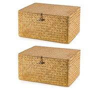BLUE BAZAAR Wicker Storage Basket with Lids 40x28x19cm Seagrass Storage Box with Lid Woven Wicker Desktop Boxes Gift Hamper Basket for Living Room Decorative Bathroom (Caramel Brown, 2PCS)
