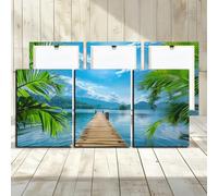 Blue Beach Canvas Wall Art - 3 Panels Vintage Bridge Blue Sky Seascape Autumn Picture for Living Room Decorative Woodern Framed Print Artwork Ready to Hang Bathroom Wall Decor 12x16inch 3PCS