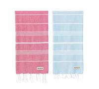 Blue Beach Turkish Towel - Set of 2-100x180cm Large Turkish Hammam Peshtemal Towel - Super Absorbent, Quick Dry, Lightweight, Compact Towels for Swimming, Bath, Gym and Travel (Sky Blue + Fucshia)