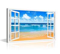 Blue Beach Wall Art Nature Wilderness Photography 1 Piece Canvas Wall Art Modern House Decor Window View Pictures for Bedroom Office Home Decor Posters and Prints Framed Ready to Hang (36"W x 24"H)