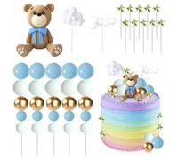 Blue Bear Cake Toppers 38 PCS Teddy Bear Cake Decoration with Gold Blue White Pearl Ball Baby Welcome Baby Cake Decoration Party Birthday Party Teddy Bear Birthday Decoration