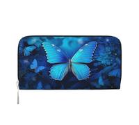 Blue Beautful Butterfly Leather Wallet For Women Girl, Zip Around Credit Card Holder Long Pu Wallet Clutch Purse Waterproof Travel Handbag