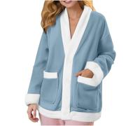 Blue Bed Jackets Fleece For Women uk, Soft Casual Button Down V Neck Pyjamas Jacket Thickened Plush Home Wear Women's Comfortable Pocket Warm Sleep Tops Long Sleeve Winter Coat