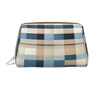 Blue Beige Square Pattern Leather Hand-Held Zipper Makeup Bag Pen Case Stationery Box Lipstick Pouch Toiletry Bag
