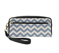 Blue Beige Stripe Double-Sided Printed Leather Portable Makeup Pouch-Multi-Purpose Cosmetic Bag, Pencil Case and Organizer for Women
