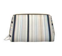 Blue Beige Stripe Pattern Leather Hand-Held Zipper Makeup Bag Pen Case Stationery Box Lipstick Pouch Toiletry Bag