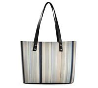 Blue Beige Stripe Pattern Tote Bag Large Soft Leather Purse with Zipper Lightweight Ladies Shoulder Handbag