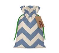 (Blue Beige Stripe) Printed Christmas M Size Gift Bags with Green Ribbon Drawstring Candy Bags for Kids Xmas Holiday Christmas Eve Presents