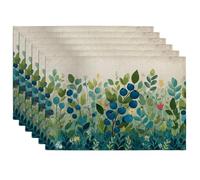 Blue Berries and Green Leaves Placemats, Vibrant Country Floral Place mats for Dining Table, Non-Slip Washable Indoor Outdoor Party Decorative Placemat Set of 6