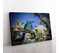 Blue Bird and Cherry Blossom Tree Modern Canvas Wall Art Print Ready to Hang, Framed Picture for Living Room Bedroom Home Office Décor, 60x40 cm (24x16 Inch)