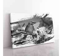 Blue Bird and Cherry Blossom Tree V1 Modern Canvas Wall Art Print Ready to Hang, Framed Picture for Living Room Bedroom Home Office Décor, 76x50 cm (30x20 Inch)