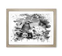 Blue Bird and Cherry Blossom Tree V4 Modern Framed Wall Art Print, Ready to Hang Picture for Living Room Bedroom Home Office Décor, Oak A3 (46 x 34 cm)