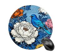 Blue Bird and Flowers Mouse Pad Round Laptop Mouse Mat Cute Computer Mousepad Keyboard Pad Non-Slip Desk Pads for Gaming Office Work Home