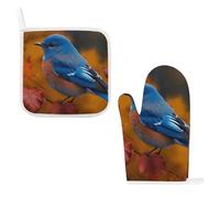Blue Bird and Leaves Oven Mitts & Pot Holders Set - 2 Pcs Heat Resistant Oven Gloves with Hanging Loop, Kitchen Potholder for Cooking, Baking, BBQ, Microwave