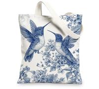Blue Bird Canvas Tote Bags, Artistic Floral Design Reusable Grocery Bags, Vintage Lightweight Washable Shoulder Strap Canva, Blue, 13x15 Inch