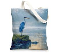 Blue Bird Canvas Tote Bags, Elegant Avian Design Reusable Shopping Bags, Artistic Lightweight Washable Shoulder Strap, Blue, 13x15 Inch