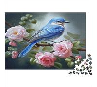 Blue Bird Floral Jigsaw Puzzles for Adults: Blue Bird on Pink Rose Branch Educational Games for The Whole Family Women 52x38cm/1000pcs
