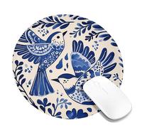 Blue Bird Floral Mouse Pad, Navy Watercolor Birds with Green Leaves, Decorative Stitched Edge Mat, Rubber Non-Slip Washable for Home and Office Round 8x8 Inch