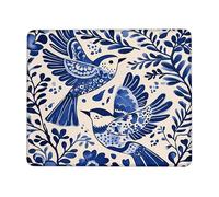 Blue Bird Floral Mouse Pad, Navy Watercolor Birds with Green Leaves, Decorative Stitched Edge Mat, Rubber Non-Slip Washable for Home and Office Square 8x10 Inch