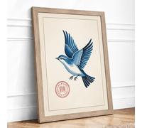 Blue Bird in Flight Japandi Framed Wall Art Print A4 Oak | Ready to Hang, Premium Gi Paper, Fade-Resistant Inks, Securely Packaged, UK Made