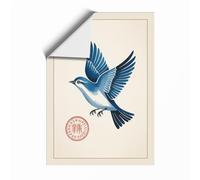 Blue Bird in Flight Japandi Unframed Wall Art Print A4 (29.7×21cm), Wall Decor for Living Room, Bedroom, Office & Home, Art Gift