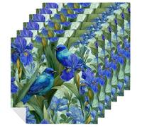 Blue Birds And Iris Flowers Cloth Napkins Set of 6, Square Premium Reusable Washable Polyester Table Linen Napkin for Dinner Party