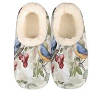 Blue Birds Berry Leaves Slippers for Women Slipper Socks Soft House Slippers Shoes for Bedroom Indoor, Winter Cozy Christmas Gifts