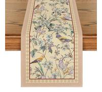 Blue Birds & Floral Blossom Table Runner,Vintage Spring Seasonal Burlap Kitchen Table Decor 13x72 Inch,Farmhouse Elegant Dining,Coffee Table & Party Decoration (Beige)