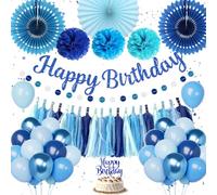 Blue Birthday Decorations for Men Boys, Blue Happy Birthday Banner and Balloons, Pompom Flower, Light Blue Birthday Balloons Cake Topper for 16th 18th 21st 30th 40th Boys Men Party Decorations