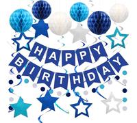 Blue Birthday Decorations, Happy Birthday Banner with 16pcs Glitter Stars Hanging Swirl Streamers, 12pcs Honeycomb Balls, Circle Dots Garland, Birthday Party Decorations for Men Boys