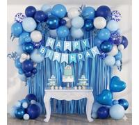Blue Birthday Decorations Kit - 64 Pcs Party Decoration Set with Balloon Chain, Heart Foil Balloons, Latex Balloons, Curtain Backdrop & Happy Birthday Banner - Boys Men Blue Birthday Party Supplies