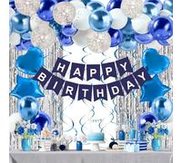 Blue Birthday Decorations Set, 50pcs Navy Blue Silver White Balloons, Happy Birthday Banner, Fringe Curtain, Hanging Swirls, Balloons For Boys Birthday Decoration Mamma Mia Christening