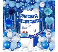 Blue Birthday Decorations with Happy Birthday Banner, Latex Confetti Star Heart foil Balloons, 3D Butterfly, Fringe Curtain, Tablecloth, Sash, Cake Topper, Pom Poms for Boys Men Party Supplies