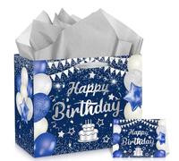 Blue Birthday Gift Bag with Tissue Paper and Greeting Card, 11.8" Navy Blue Silver Happy Birthday Wrap Bag for Kids Adults Anniversary Party Decorations Goodie Wrapping Bag Presents Decor Supplies