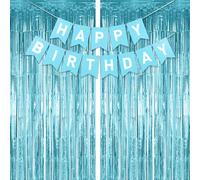 Blue Birthday Party Decorations, 2PCS Tinsel Foil Curtains Door Streamers Party Backdrop Background, Light Blue White Happy Birthday Banner Bunting with Foil Fringe Curtain for Birthday Decorations