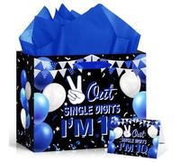 Blue Black 10th Birthday Gift Bag with Card Tissue Paper 11.8'' Out Single Digits I'm 10 Wrap Bag for Boy 10 Year Old Birthday Anniversary Party Decorations Goodie Wrapping Bag Presents Decor Supplies
