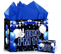 Blue Black 11th Birthday Gift Bag with Greeting Card Tissue Paper 11.8'' Bro I'm 11 Wrap Bag for Boys 11 Year Old Birthday Anniversary Party Decorations Goodie Wrapping Bag Presents Decor Supplies
